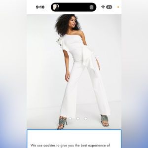 True Violet, white, off the shoulder jumpsuit.